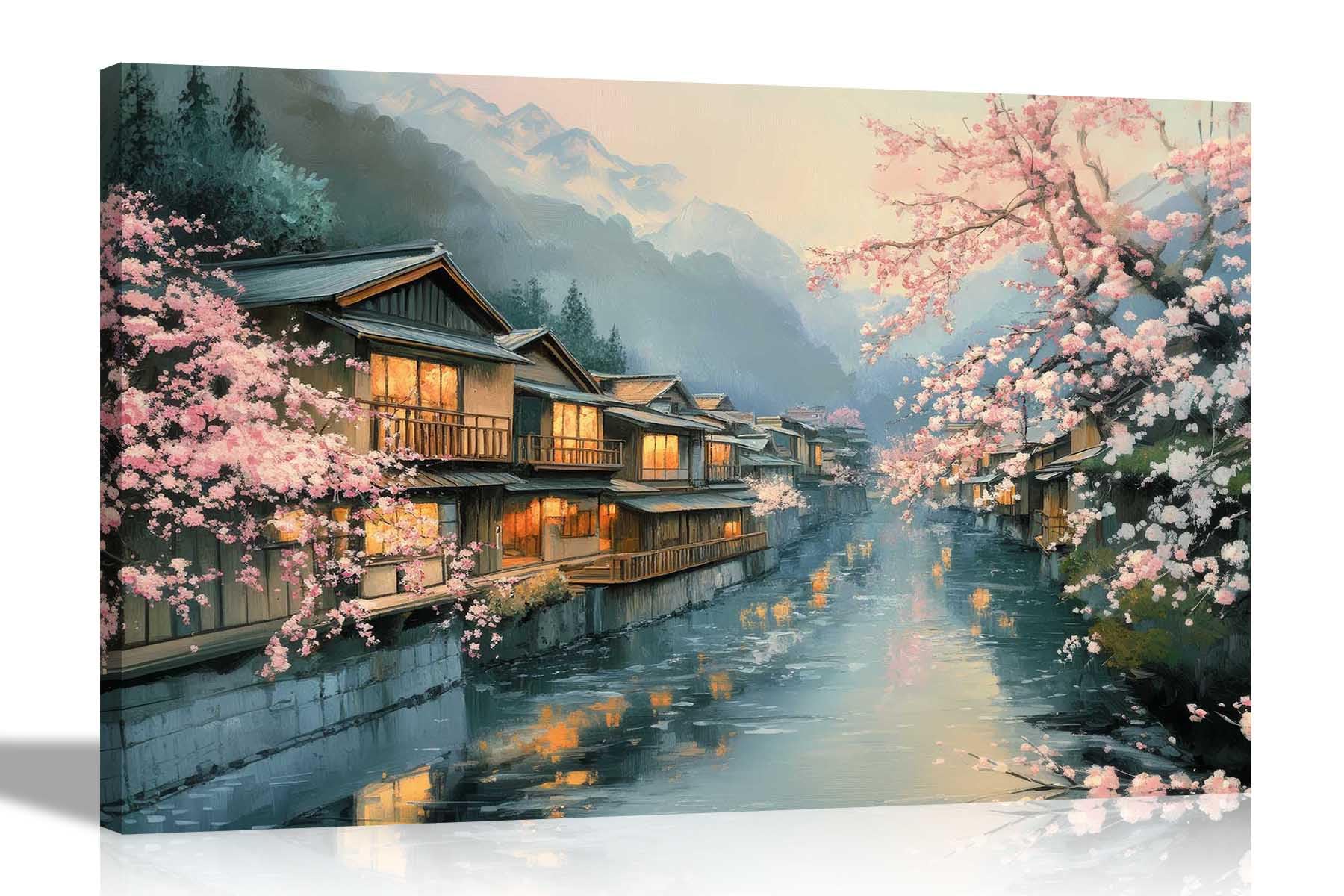 Artley Prints River Villiage - Japanese Mountain Villiage River Pink Trees Canvas Prints Wall Art Pictures For Home Living Room Bedroom Centerpiece 60 X 40Cm (24 X 16 Inches) A2