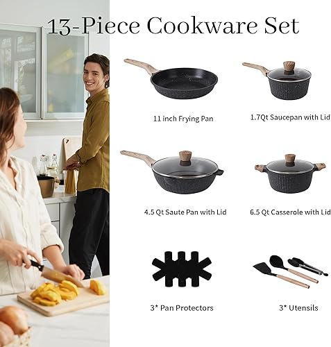 Miniatura 2 de Juego de ollas y sartenes antiadherentes, 13 piezas, juegos de utensilios de cocina, utensilios de cocina de inducción de piedra de granito