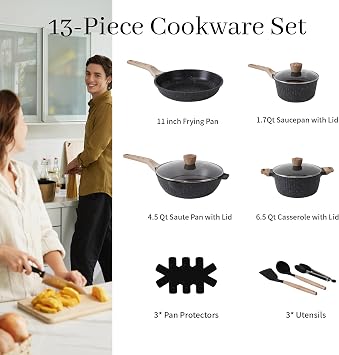 Pots and Pans Set Non Stick, 13Pcs Kitchen Cookware Sets, Granite Stone Induction Cookware Non Stick Cooking Set w/Frying Pans, Saucepans, Saute Pan (PFOA Free), Black