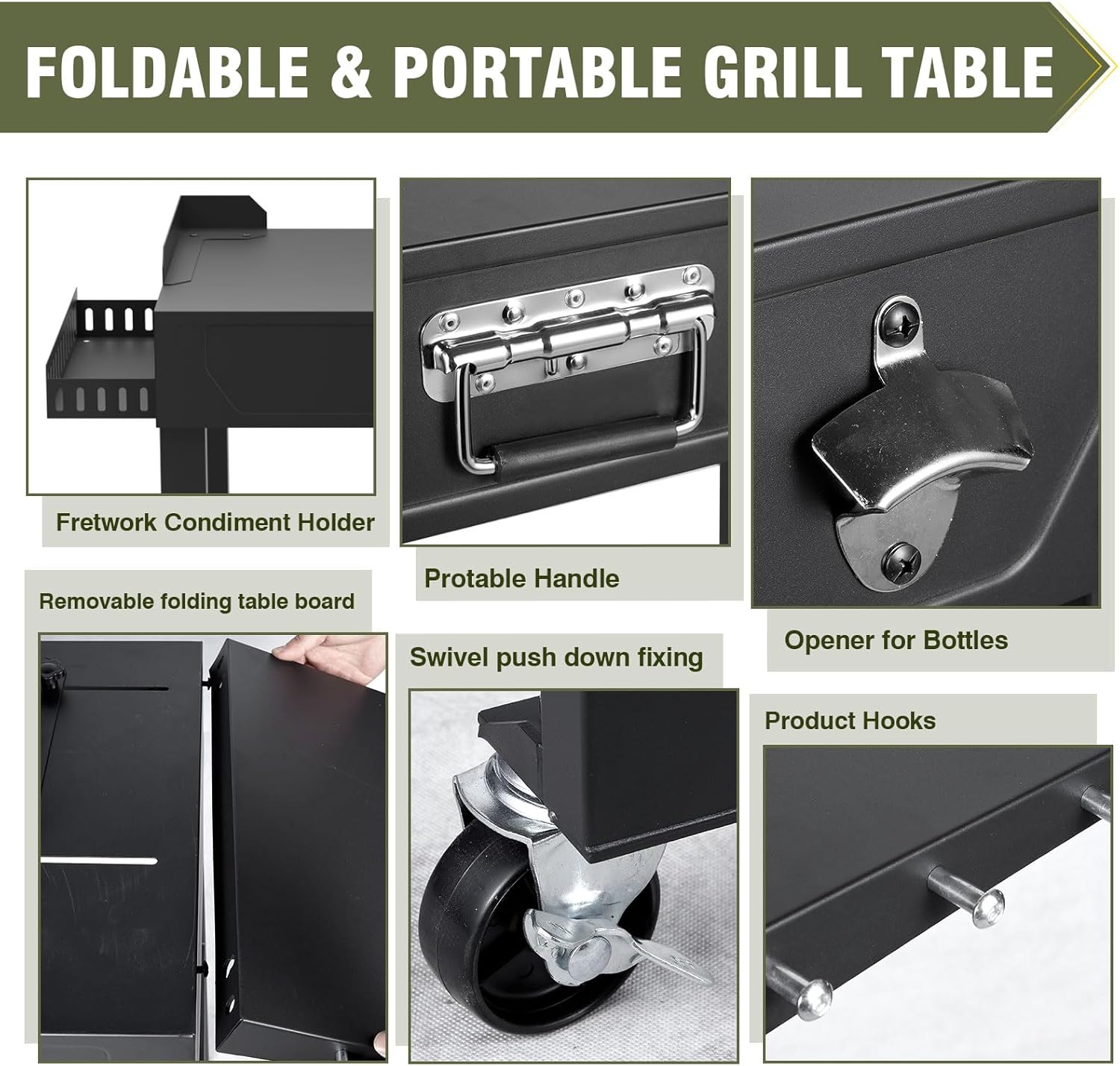 Bestfire Grill Table for Blackstone Griddle 14-28", Foldable Grill Cart with Wheels, Portable Outdoor Kitchen Prep Table with Seasoning Tray & Tool Hooks for Camping & BBQ