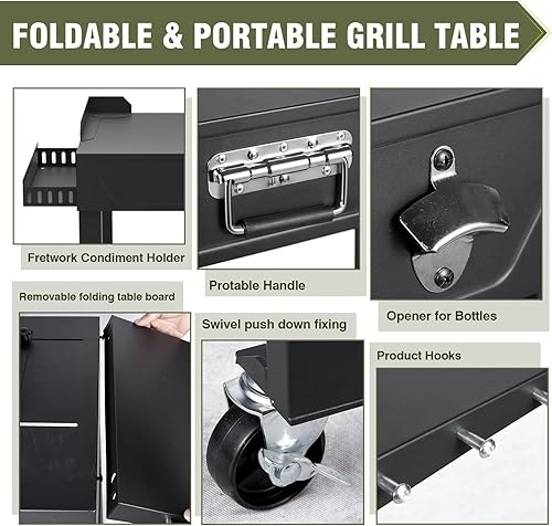 Miniatura 5 de Bestfire Mesa de parrilla resistente para exteriores con ruedas, carrito de cocina movible para parrillas, parrillas y cocinas al aire libre
