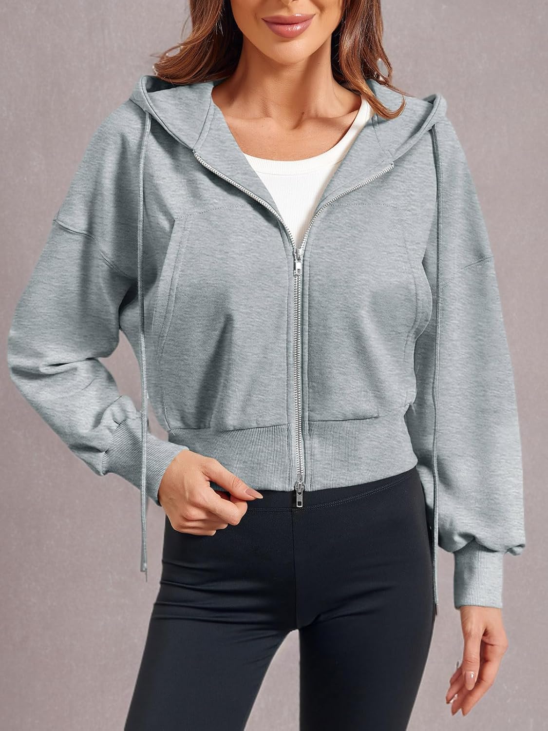 Fisoew Women's Crop Zip Up Hoodies Casual Long Sleeve Hooded Cropped Sweatshirts with Pockets - Image 7