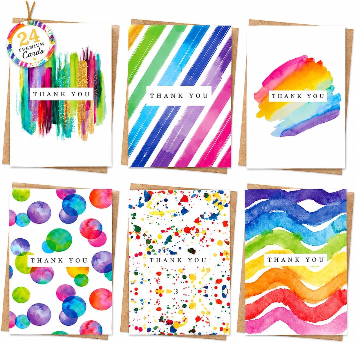 Giftinghouse Thank you Cards Multipack of 24 with Envelopes. 6 Watercolour designs. 10 x 15cm. Blank Inside for Teachers, Weddings, Kids. Made in the UK.
