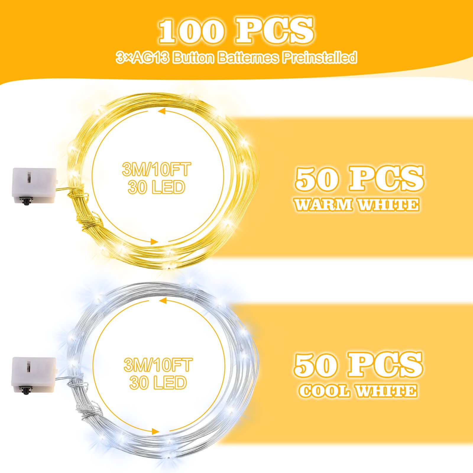 Tuanse Paquete de 100 luces LED de hadas que funcionan con pilas, 6.5 pies, 20 mini luces LED impermeables, luces blancas frías y cálidas, alambre de cobre, luces de hadas estrelladas para bodas y