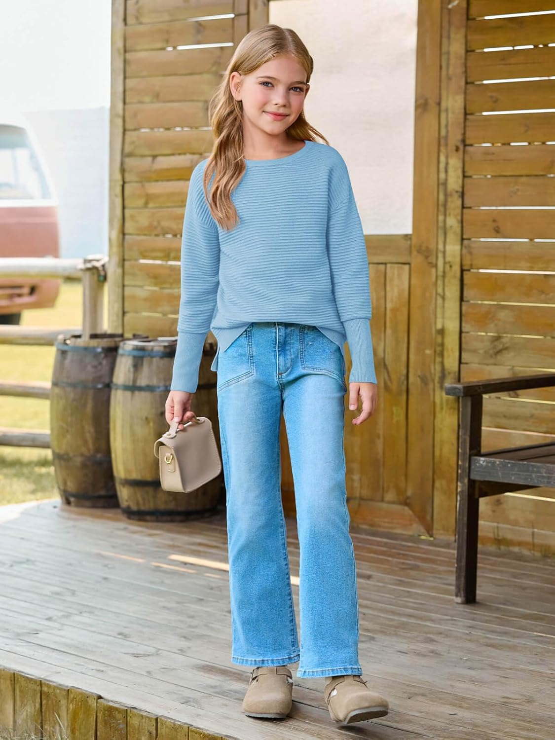 Haloumoning Girls Fall Sweater Kids Fashion Long Sleeve Ribbed Knit Split Pullover Tops 5-14Y - Image 5