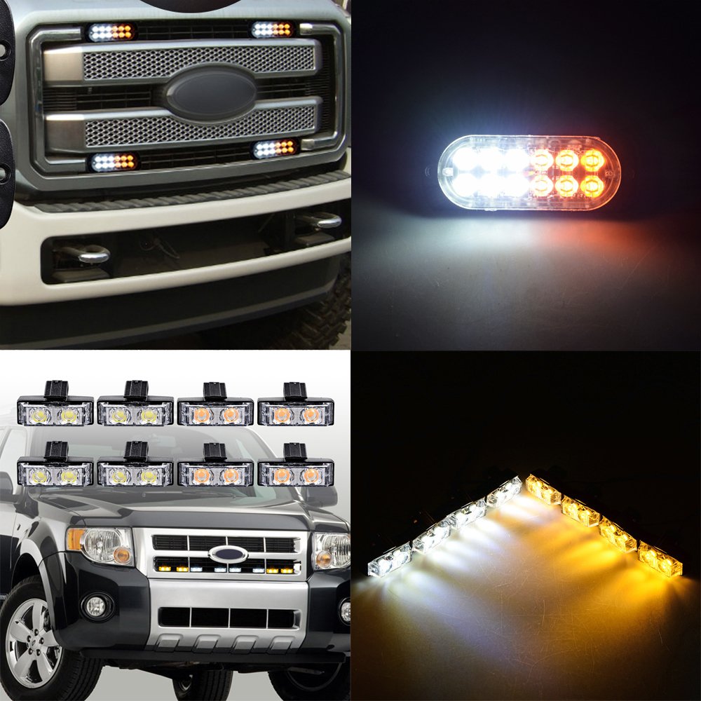Astra Depot 12PCS Ultra Slim 12-LED 36W Emergency Hazard Caution Surface Mount Strobe Light & 8pcs 2-LED Car Truck Grille Deck Dash Flashing Light - Amber White