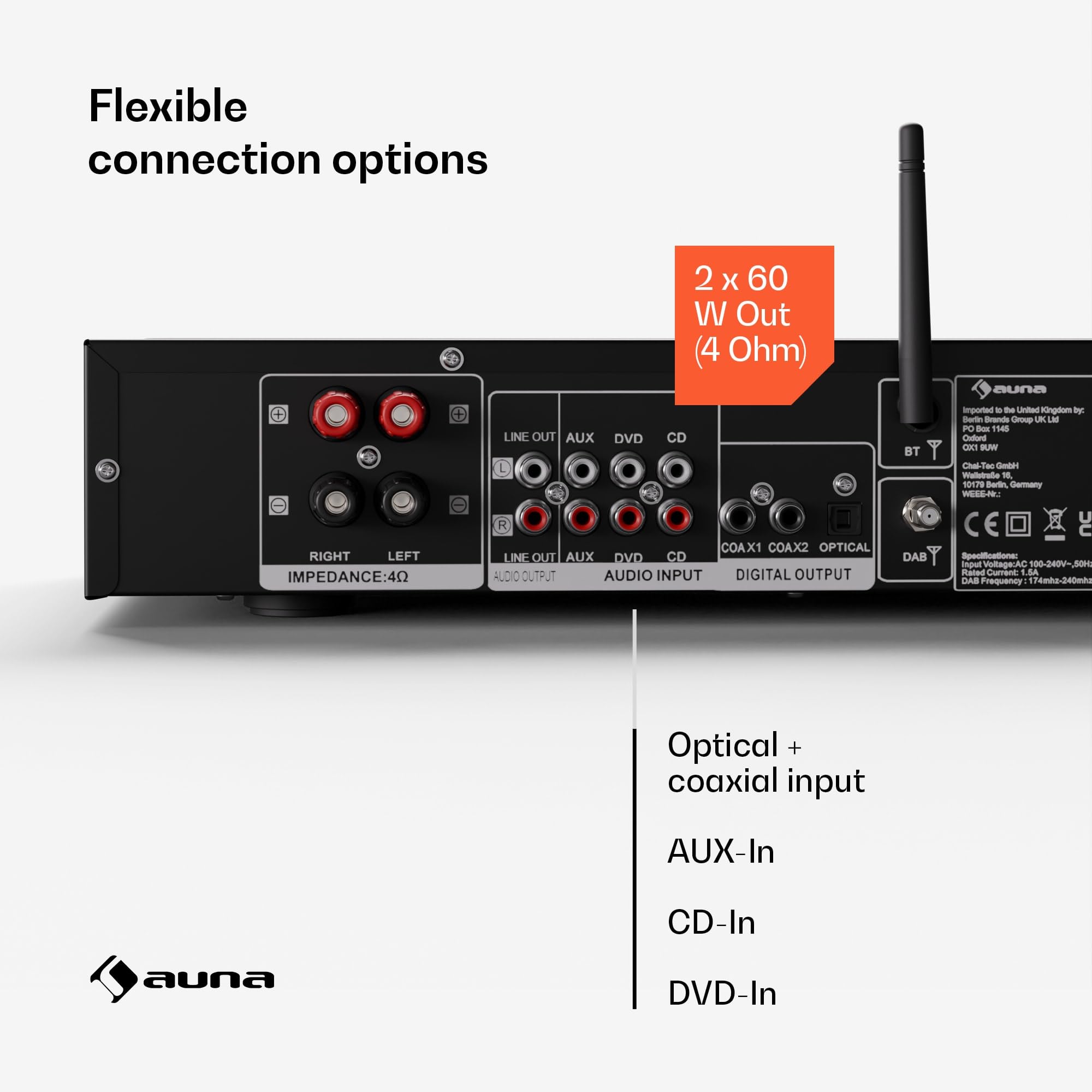 Auna HiFi Stereo-Verstärker 2x60W mit Bluetooth, Fernbedienung, DAB+ Radio, CD/DVD-Player-Eingang - Hochwertiger Audioverstärker für CD-Player, Plattenspieler & Radio