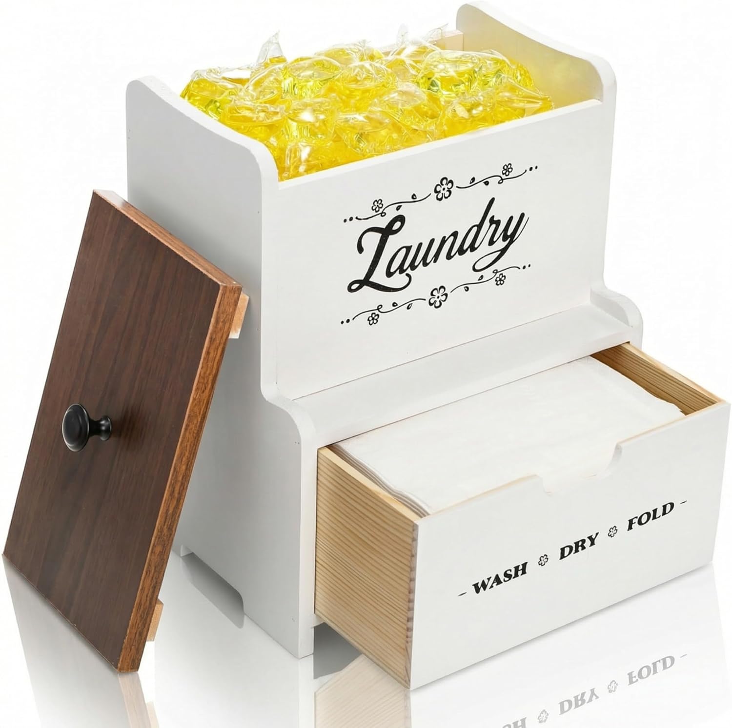 Goaste Dryer Sheet Holder with Drawer, Wood Dryer Sheet Dispenser with Lid, Farmhouse Laundry Pods Container Box, Wall Mount Fabric Softener Organizer for Laundry Room Storage and Organization