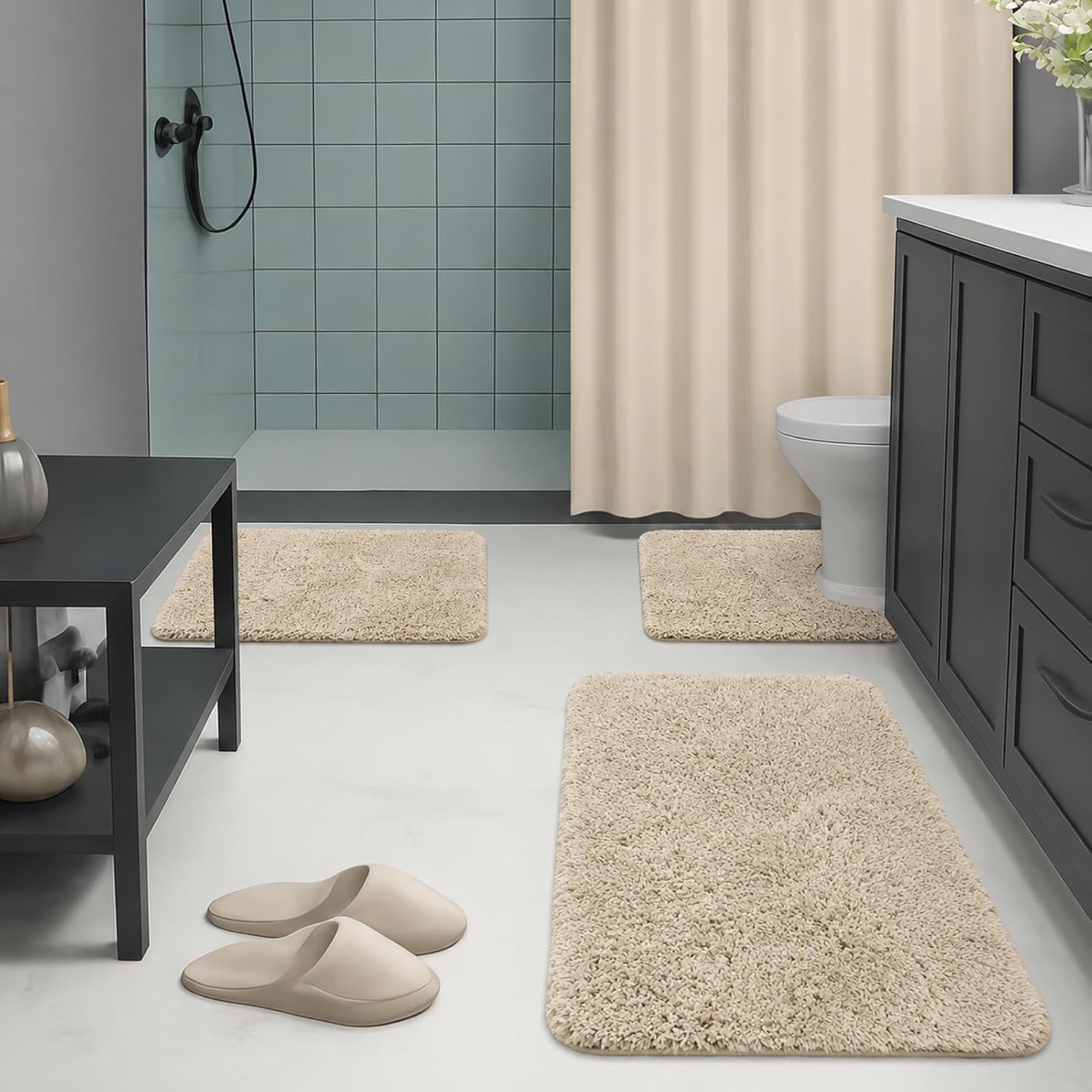 Britimes Bathroom Sets with Shower Curtain and Rugs Set of 4 Modern Beige