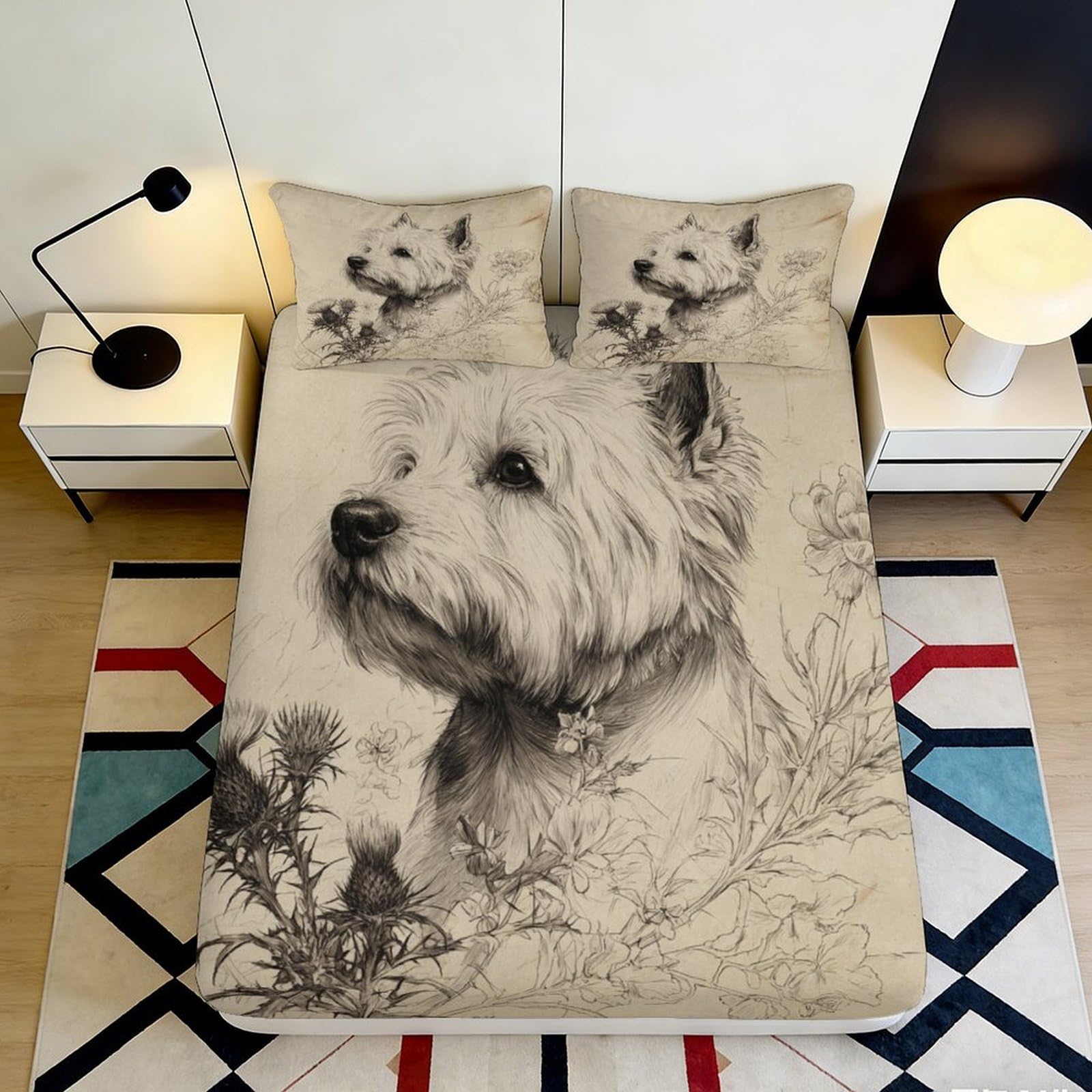 3D Printed Westie Dog Sketch Fitted Sheet Microfiber Soft Decorative Floral Bed Cover for Bedroom Guest Room 90x200x25cm