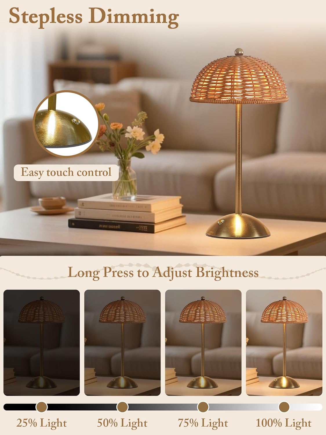 Rattan Boho Table Lamp,Small Wicker Night Light,3 Color Temperature Touch Control Bedside Lamps,LED Rechargeable Reading Lights Home Bedroom Living Room Restaurant Coffee Shop Decor Ambient Lighting