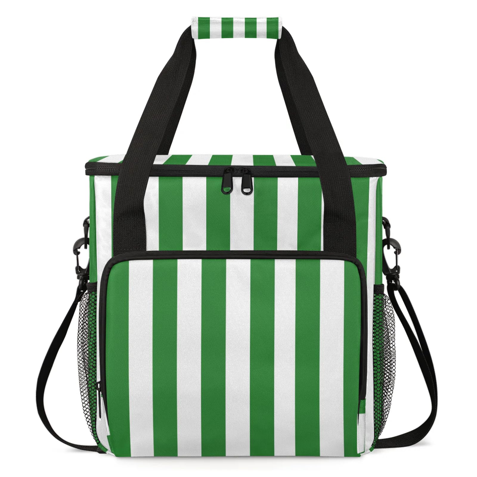 Adornori Green Stripes Travel Coffee Maker Carrying Bag, Large Organizer Storage Tote Bag Insulated Reusable Cooler Grocery Bags