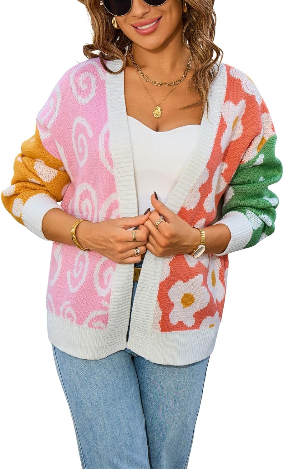 ebossy Women's Fashion Color Block Floral Print Open Front Long Sleeve Slouchy Sweater Cardigan Coat