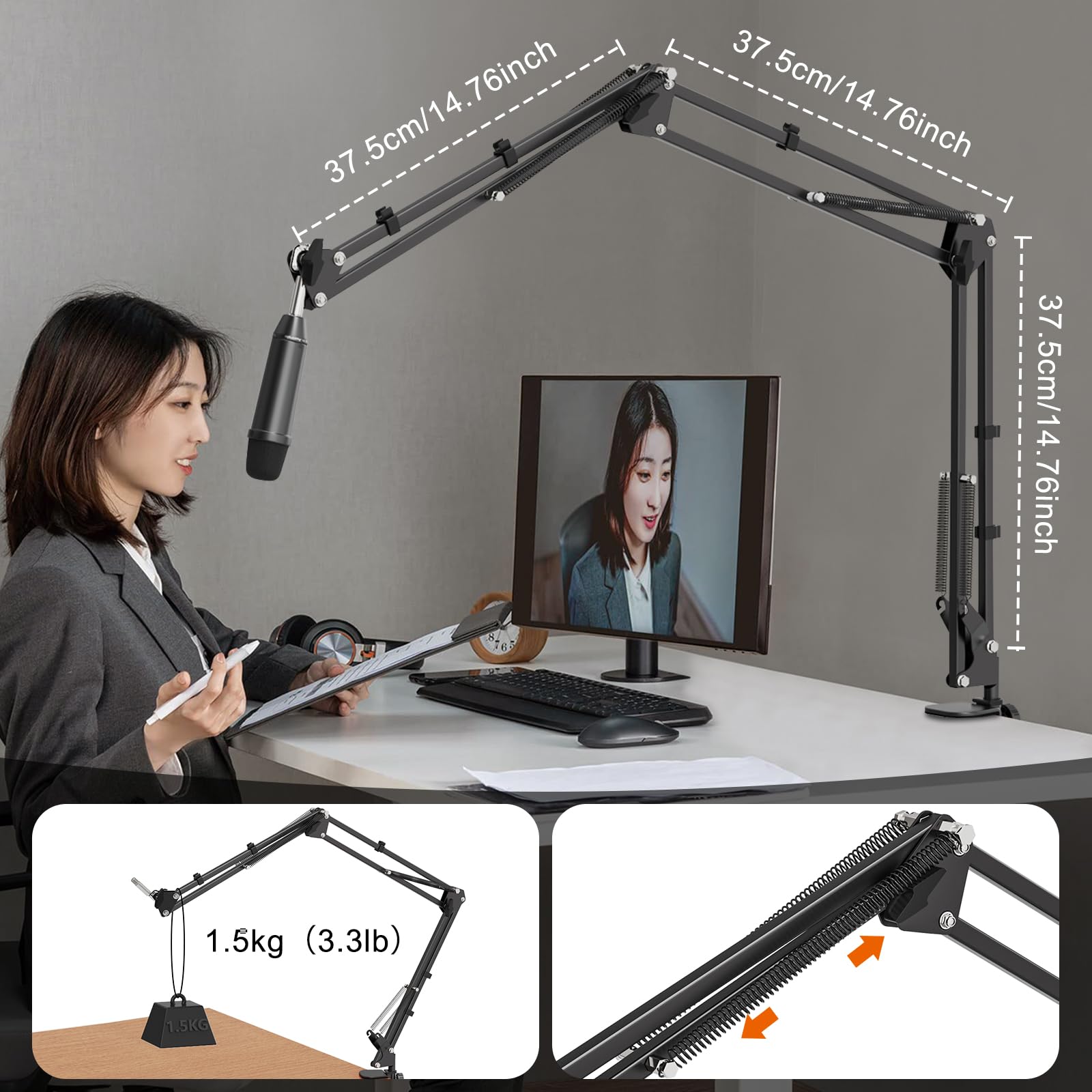 Mikrofon Ständer Boom Arm, Mikrofonarm Schreibtisch mit 3/8" bis 5/8" Schraube, Verstellbare Mikrofon Halterung Tisch mit Tischklemme, Perfekt für TikTok Live-Streaming, Singe