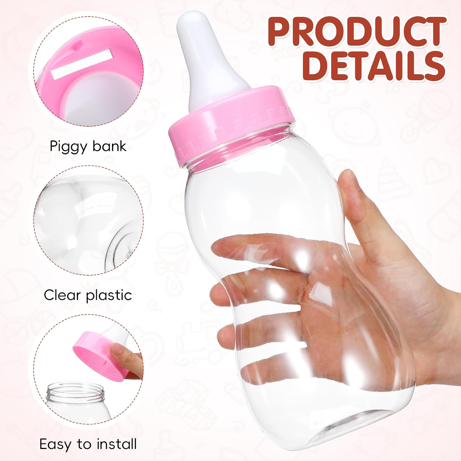 Jumbo Baby Bottle Piggy Bank - 11 inch Large Plastic Baby Bottle Bank Money Saving Jar for Boys Girls - Fillable Candy Container for Baby Shower Decorations Party Centerpiece Nursery Decor, Pink