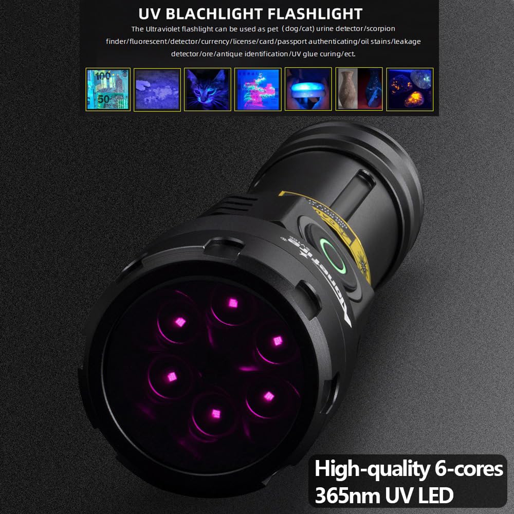 Alonefire SV115 365nm UV Taschenlampe 30W Typ C USB Wiederaufladbar Starkes Schwarzlicht Haustier Urin Detektor Gelddetektor für UV Harz, Angeln, Skorpion, Bernstein, Mineralien mit