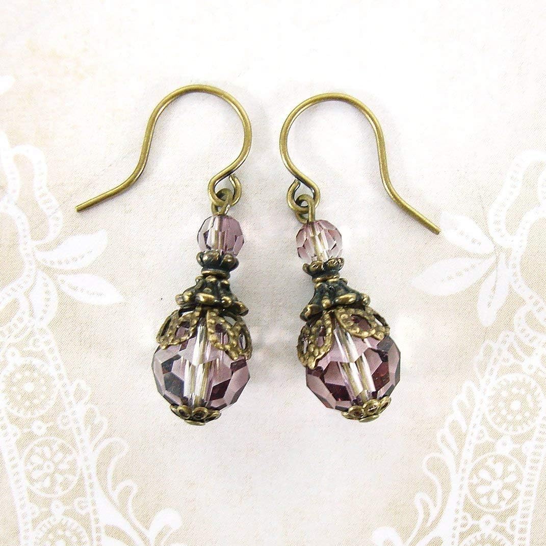 Dusty Pink Crystal Victorian Style Earrings with Antique Brass Filigree