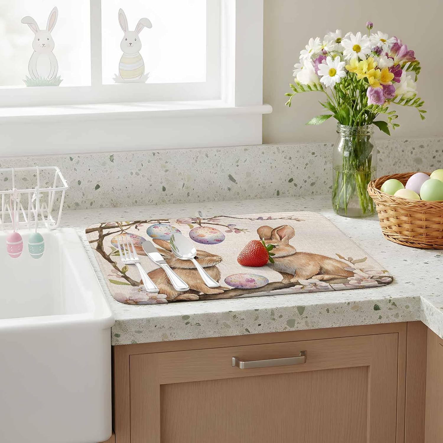 Absorbent Dish Drying Mat for Kitchen Counter,Easter Egg Rabbit Flower Leaves Branch Microfiber Quick Dry Pad Dishes Drainer Rack Mats for Under Sink Utensils 18x24in,2 Pack,Vintage Linen