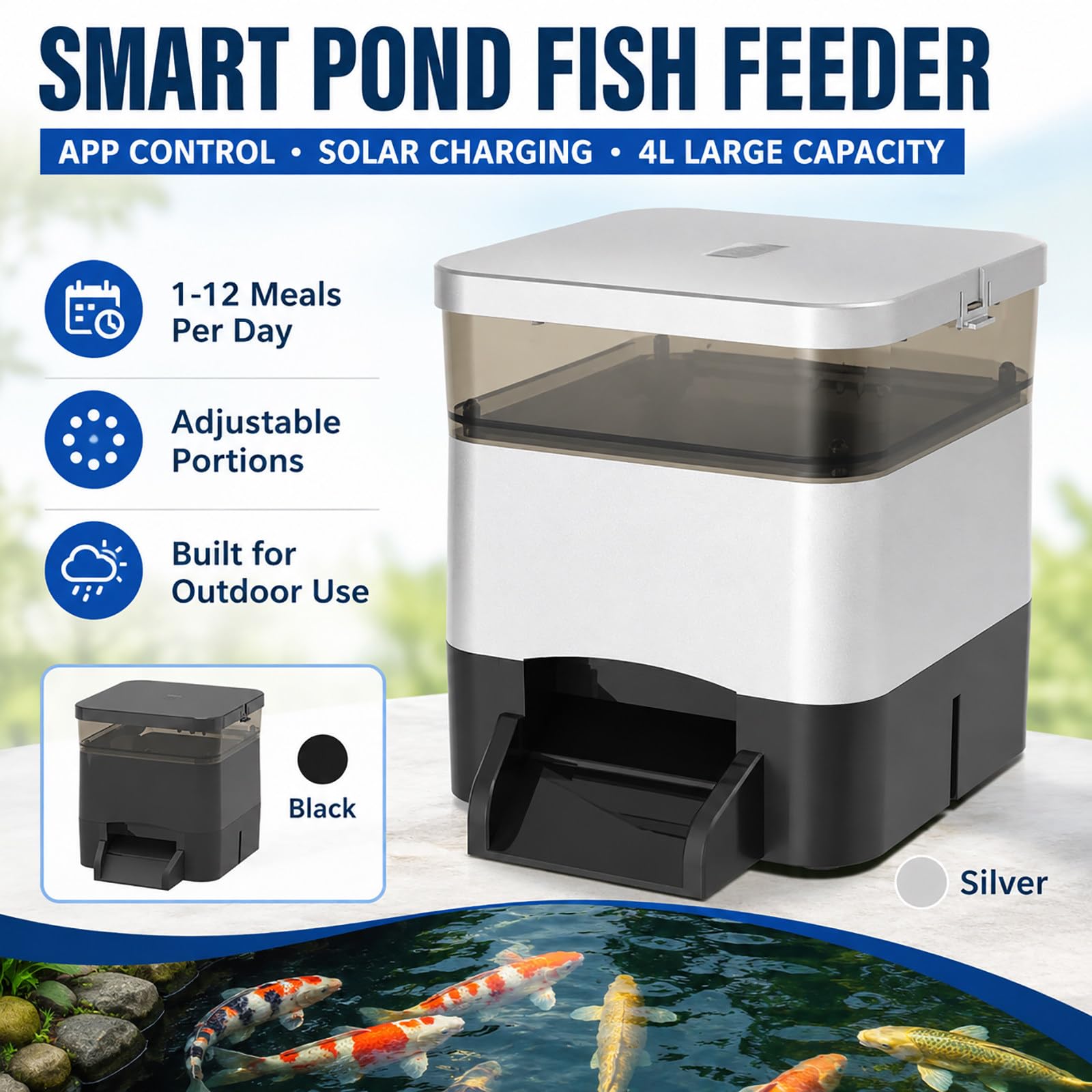 Mangiatoia Automatica da Esterno 4 L - Distributore di Mangime per Pesci con Timer Giornaliero Black