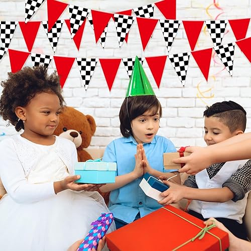 Miniatura 6 de Tiamon 5 banderas de coche de carreras, decoraciones de fiesta, rojo, negro y blanco, triángulo a cuadros de 49.2 pies, banderines de carreras