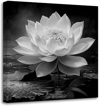 LZIMU Black White Zen Canvas Wall Art Blossom Lotus Picture Water Lily Prints Spiritual Artwork for Bathroom Meditation Yoga Spa Room DecorPicture-3, 12.00" x 12.00"