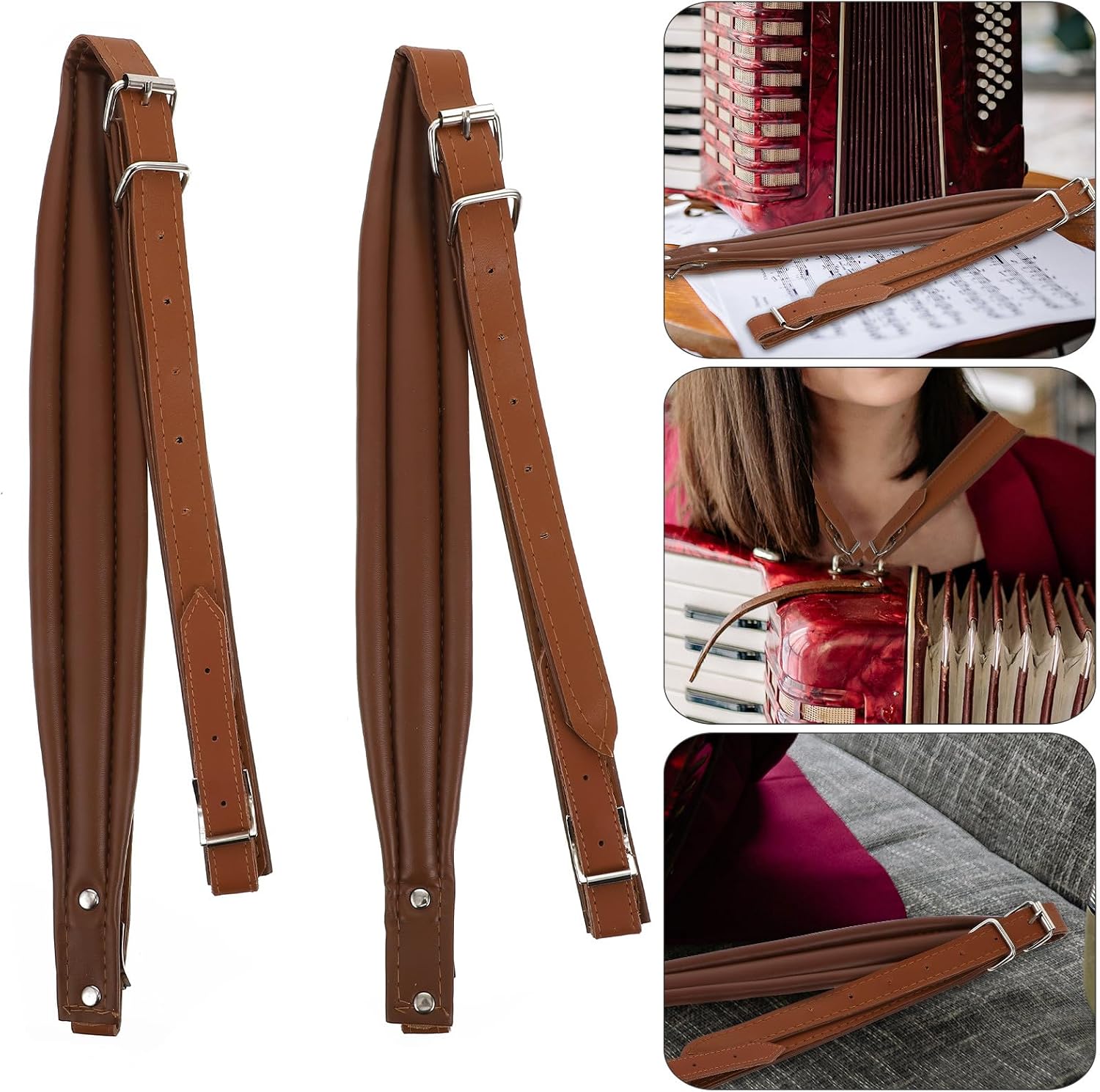 PRETYZOOM 2pcs Adjustable Accordion Straps for 16-120 Bass, Coffee Color, 83-110cm Length, Soft Synthetic Instrument Shoulder Harness Belts for Accordion Accessories