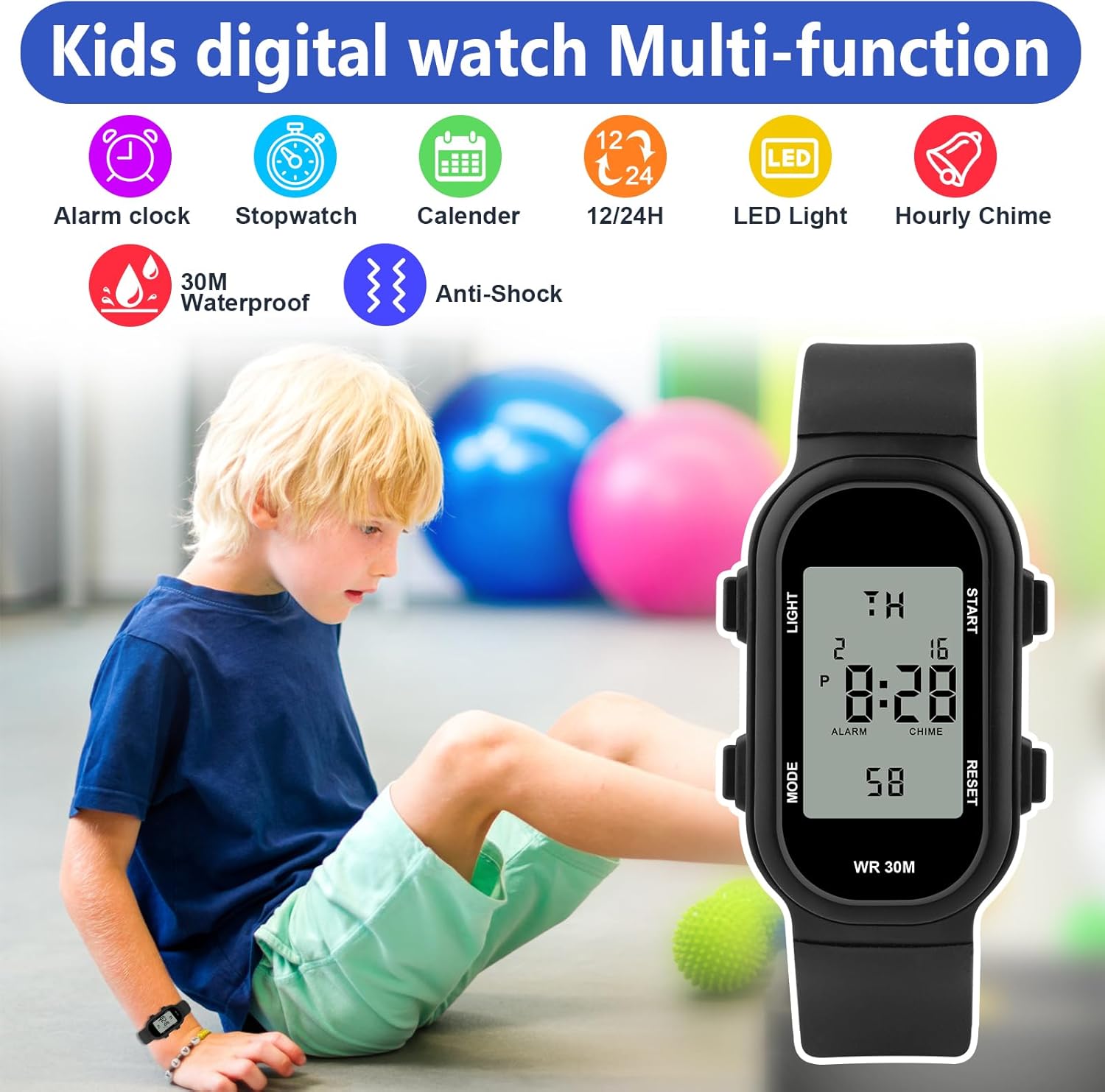 Juboos Kids Digital Watch with icons representing its multi-functions: alarm clock, stopwatch, calendar, 12/24H format, LED light, hourly chime, 30M waterproof, and anti-shock.