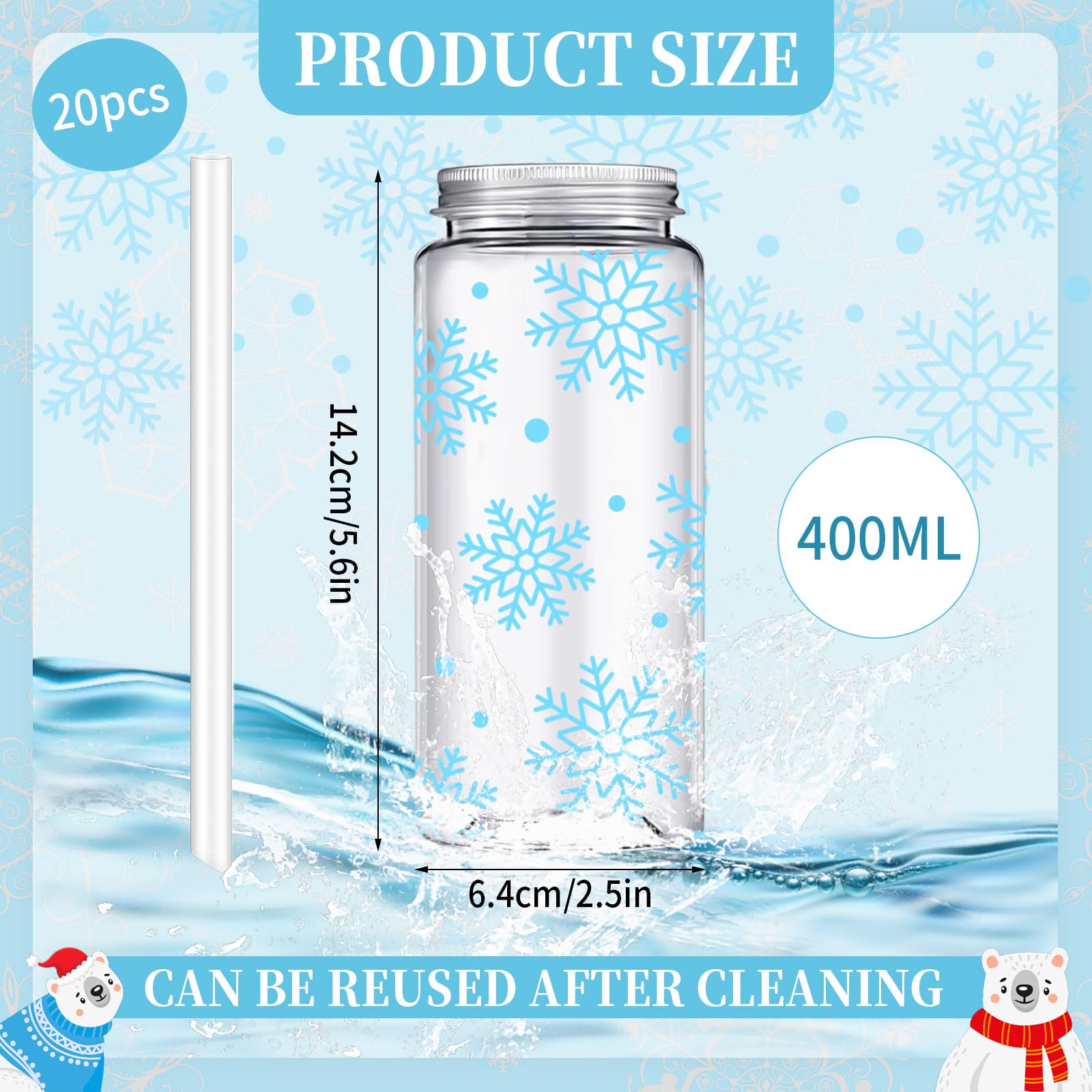 Whaline 20 bicchieri di plastica con fiocco di neve blu invernale con coperchi e cannucce, riutilizzabili, per feste di Natale, forniture per feste di Natale