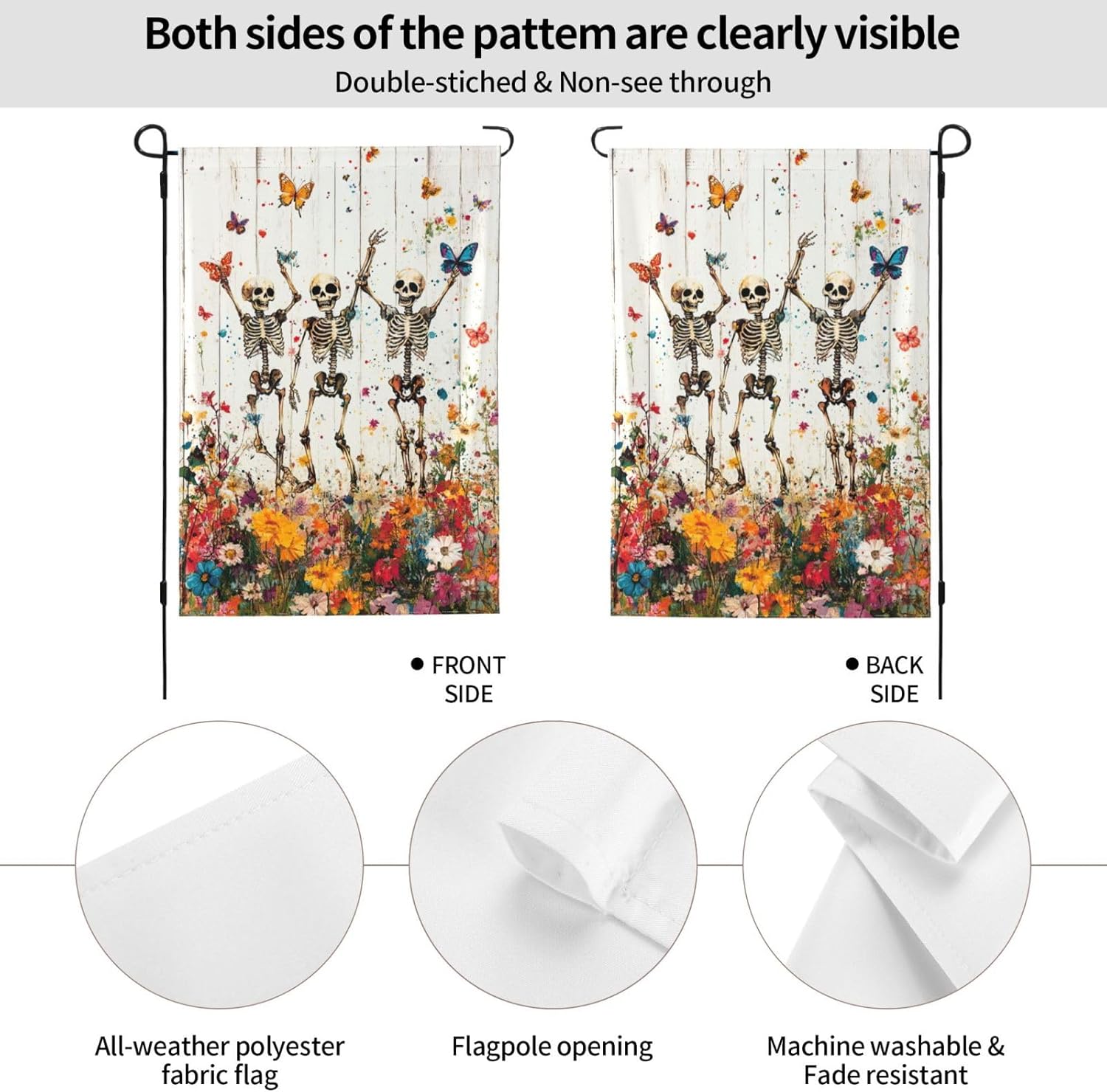 Skeleton Skull Wildflower Garden Flags 12×18 Inch Funny Double Sided Decorative Yard Banner Seasonal Flag for Outdoor Outside Decor - Image 2
