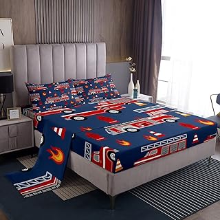 Feelyou Cartoon Car BedÂ SheetsÂ Set Fire Truck Sheet Set for Kids Boys Girls Room Decor Firefighter SheetsÂ withÂ DeepÂ PocketÂ FittedÂ Sheet Firemen Car Vehicle Fire Engine Blue Red BeddingÂ Set 3Pcs Twin