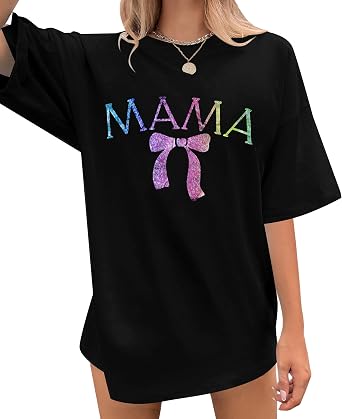 Oversized Bow Mama Shirt Women Mama Letter Graphic Tees Funny Mom Shirts Short Sleeve Tops