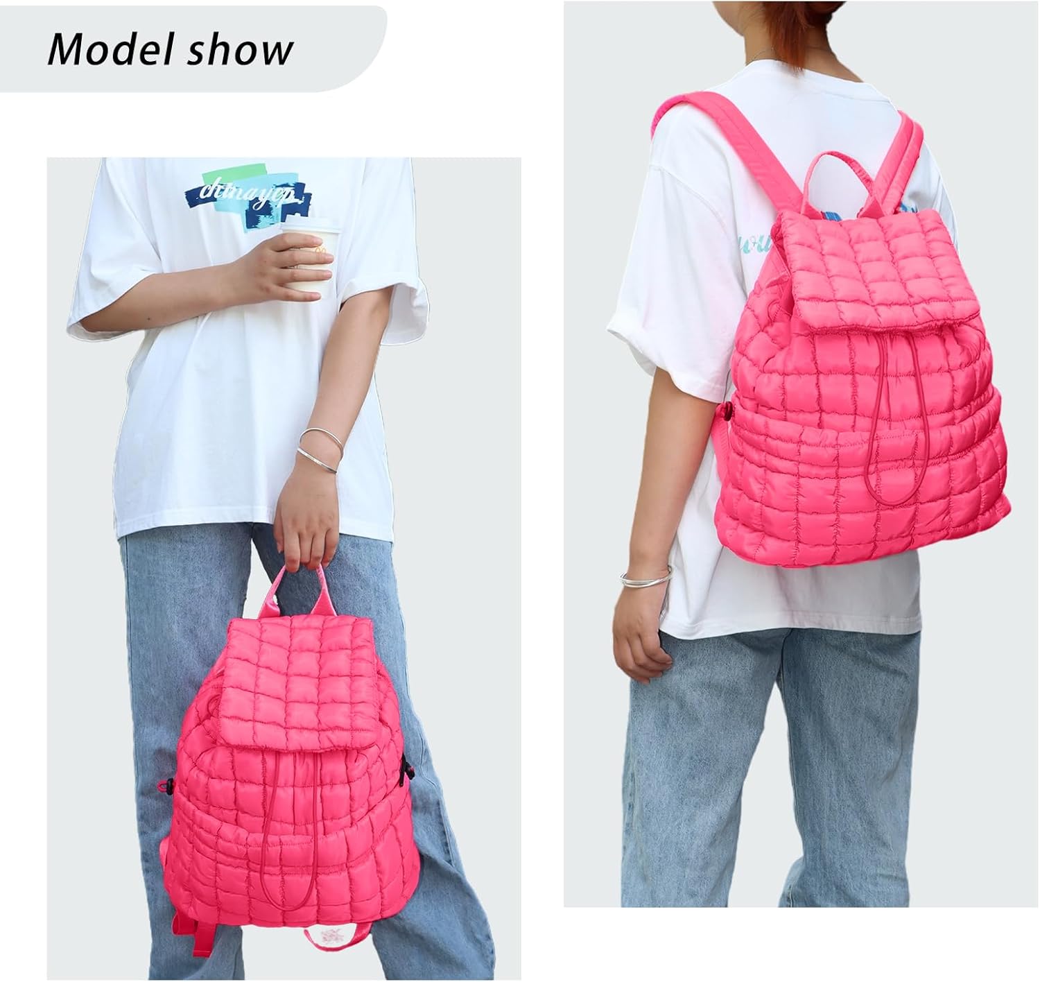 GOKTOW Quilted Backpack for Women, Puffer Gym Bag for Travel Sports Lightweight Drawstring,Pink - Image 6