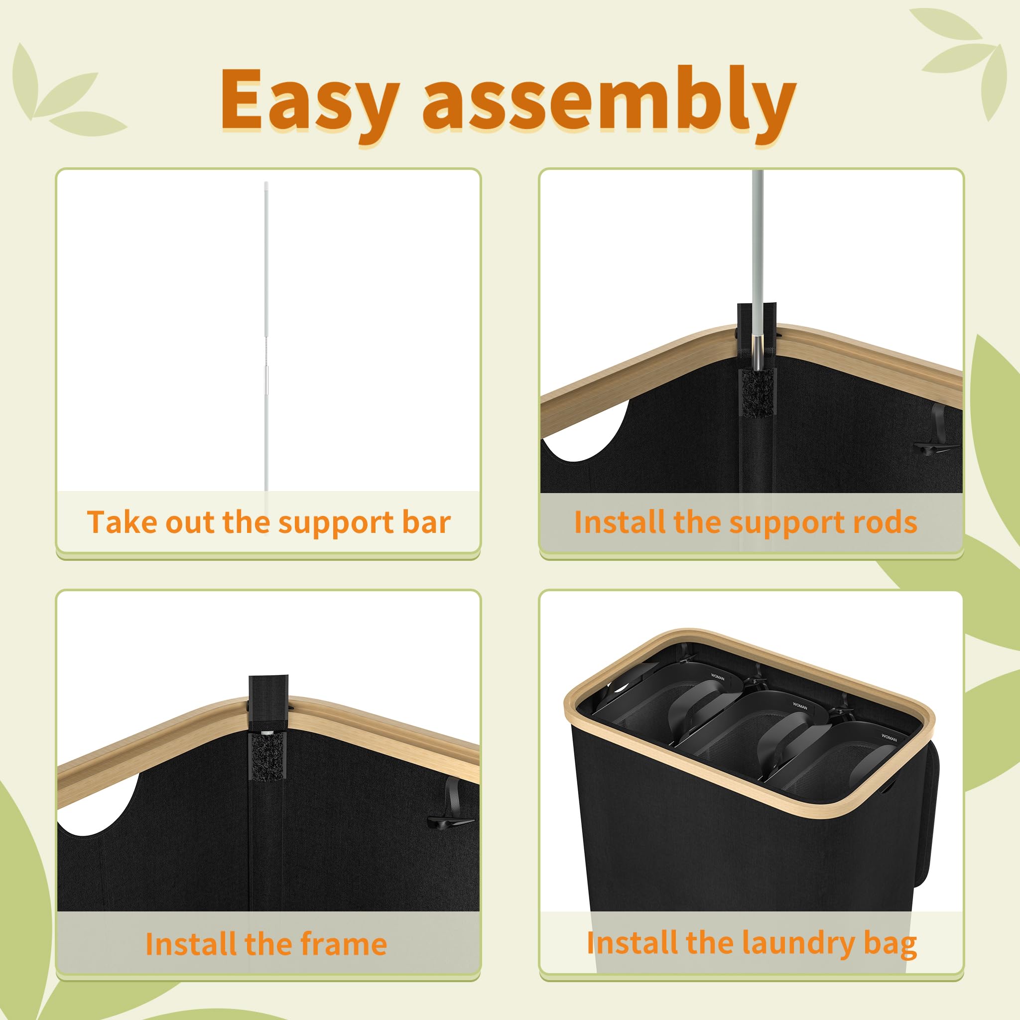 LARS360 Cesto de Ropa con 3 Compartimentos y Tapa, Contenedor Plegable de 140L para Clasificación de Ropa, Caja de Almacenaje (Color Negro)