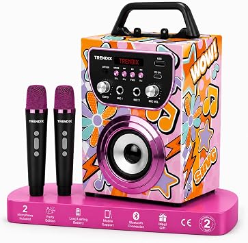 Trendix - Karaoke Machine Kids Magic Melody | Karaoke Machine 2 Microphones Wireless | Portable Speaker | Speaker With Microphone Bluetooth, FM Radio, USB | Gifts For Girls And Boys