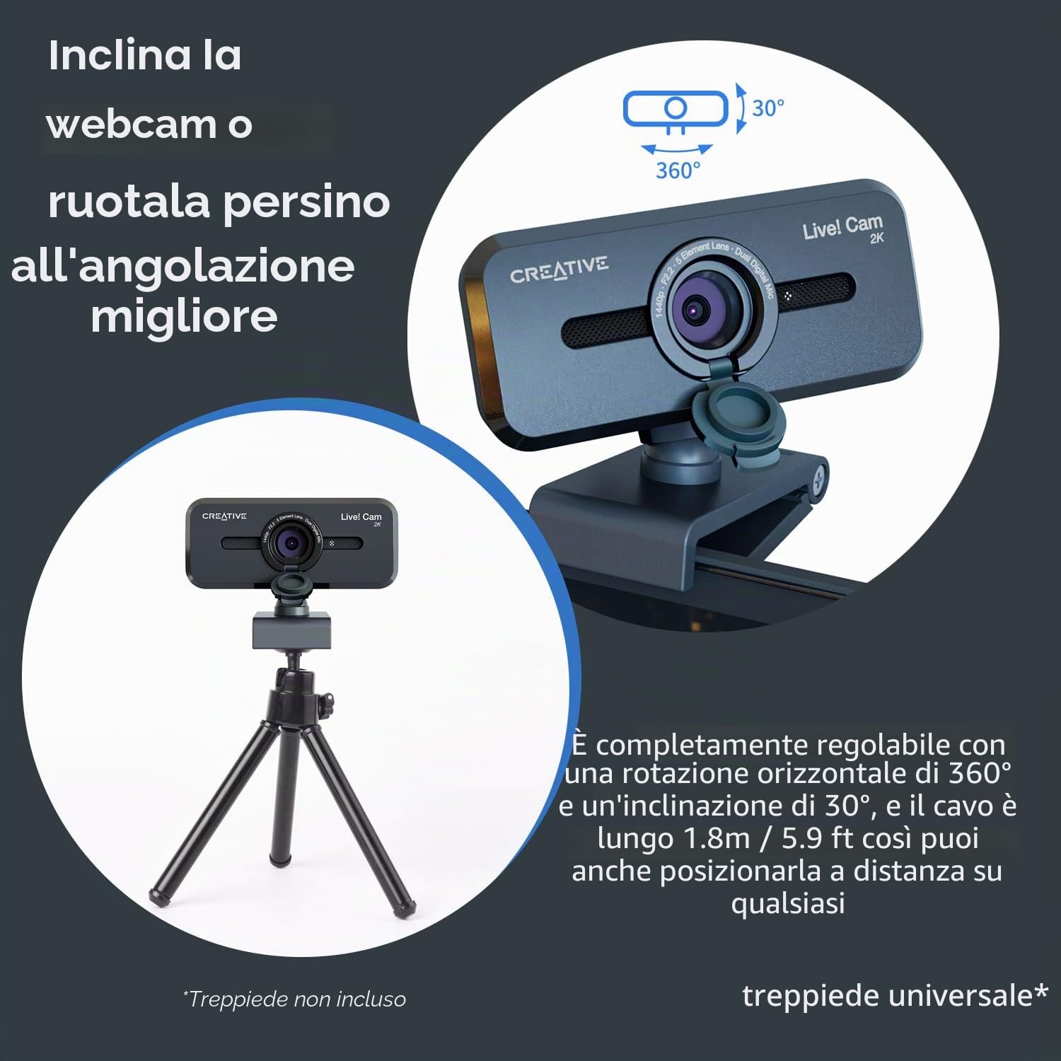 Creative Live E!Cam Sync V3 2K QHD Webcam USB con zoom digitale 4X (4 modalità zoom da grandangolo a stretto ritratto), obiettivo privacy, 2 microfoni per PC e Mac