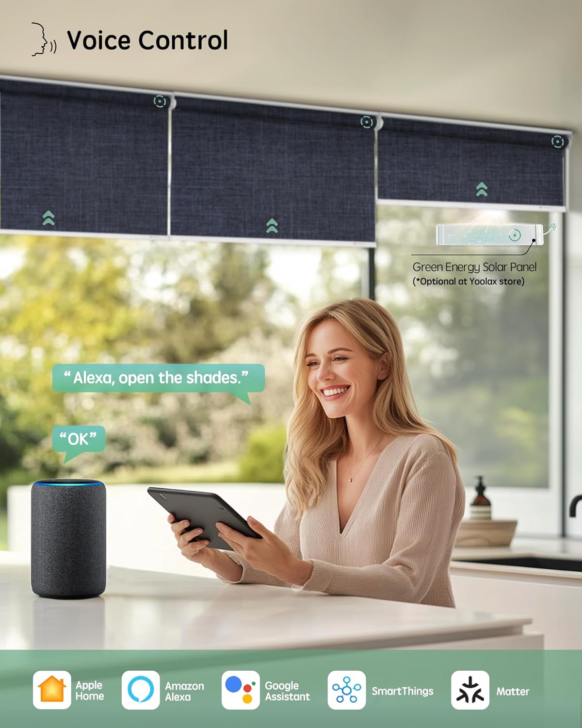 Yoolax Motorized Blinds with Remote, 100% Blackout Smart Roller Shades Work with Alexa, Google, Apple Home, Custom Automatic Shades with Voice Control for Bedroom Office (Fabric Navy Blue)