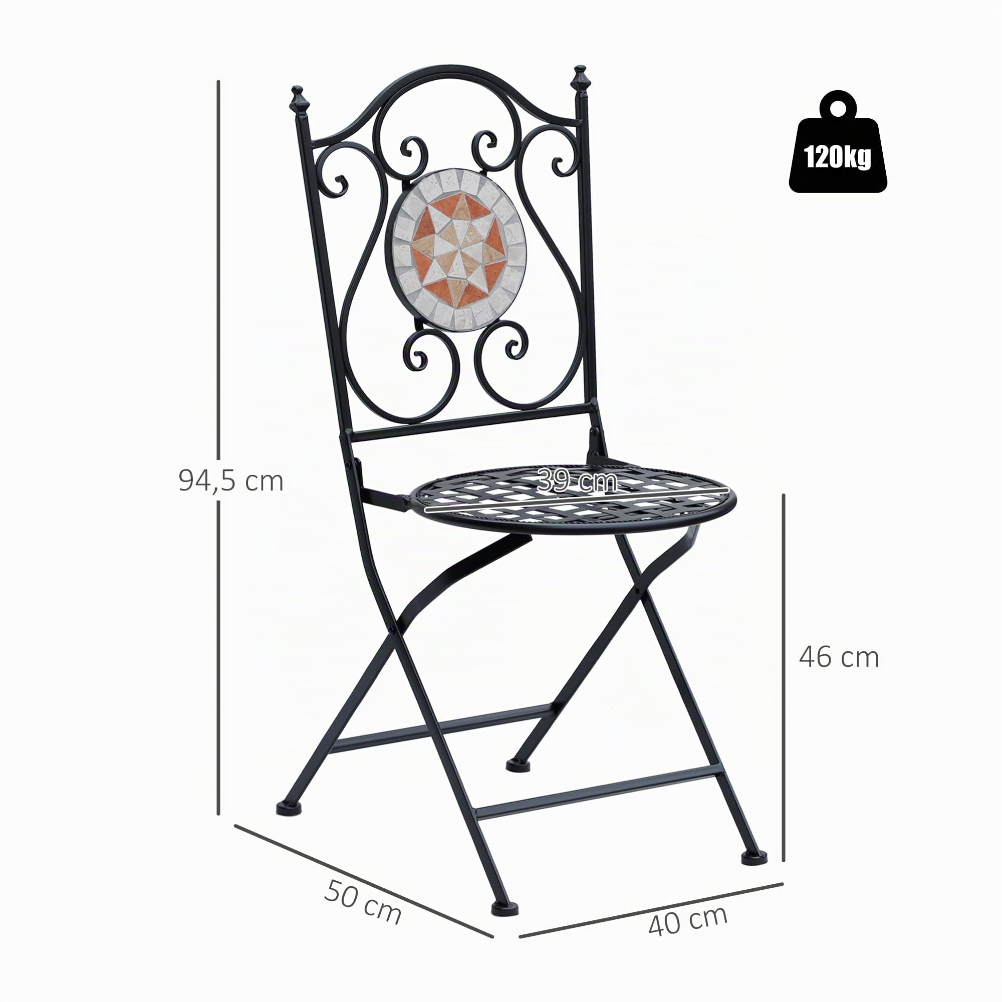 Outsunny Set de 2 Sillas Plegables de Jardín Bistro 50x40x94,5 cm Negro | Silla Asiento Mosaico, para Terraza Balcón, Metal, Carga 120 kg