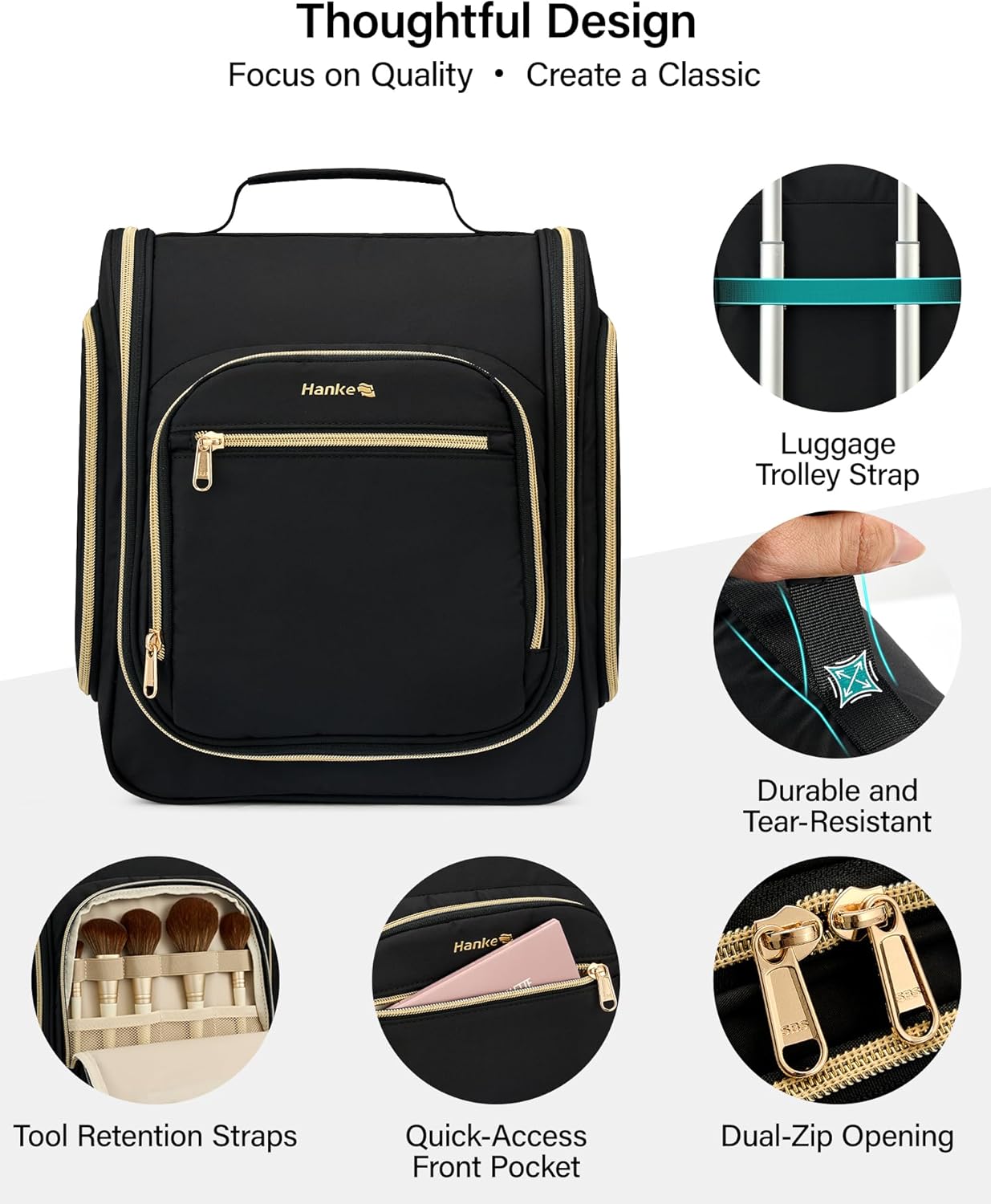 Hanke Hanging Travel Toiletry Bag for Men and Women, Water-Resistant Toiletries Bag Makeup Organizer with Hook, Cosmetic Bag for Bathroom & Travel Essentials Accessories, Black