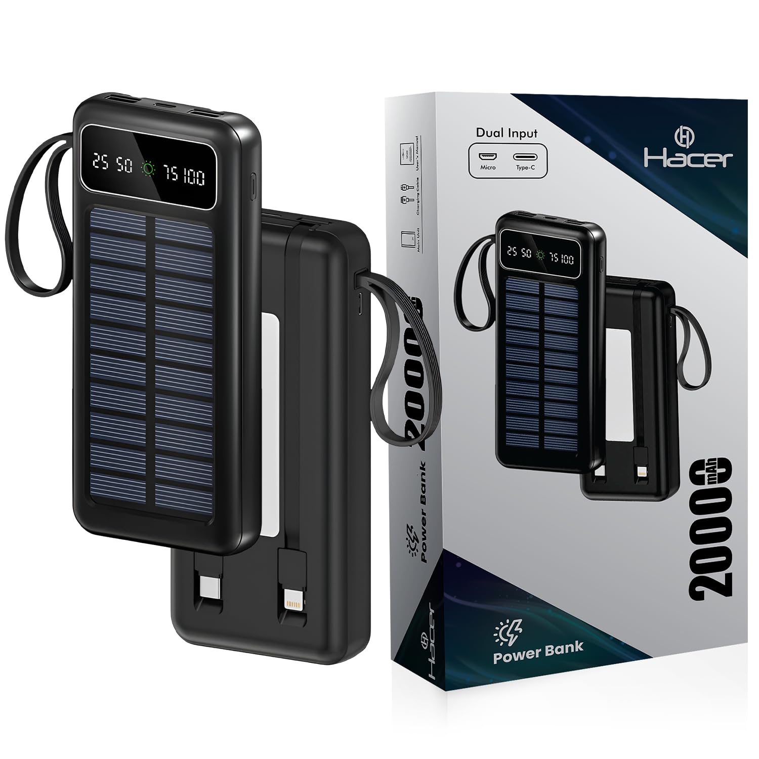 HACER Camping Solar Power Bank Built-in COB Flashlight Portable Charging Device with LED Indicators 2 USB Output Ports USB-A to Micro-USB Cable (20000mAh)-image-31