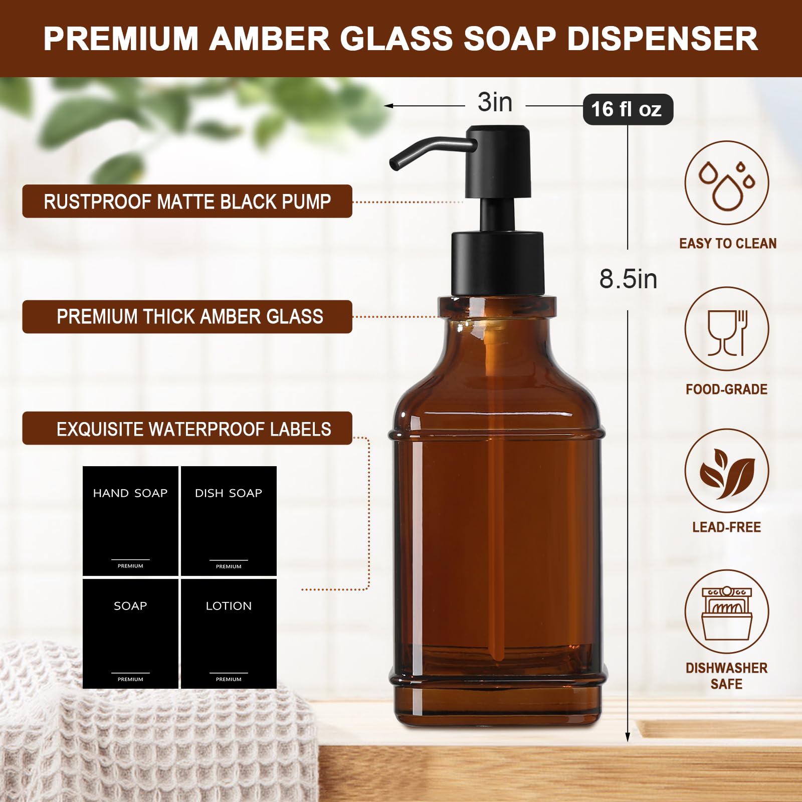Moderno set di dispenser di sapone da cucina con vassoio in legno, dispenser di sapone in vetro ambrato con pompa, set di dispenser di sapone decorativo per mani e piatti, dispenser di sapone e
