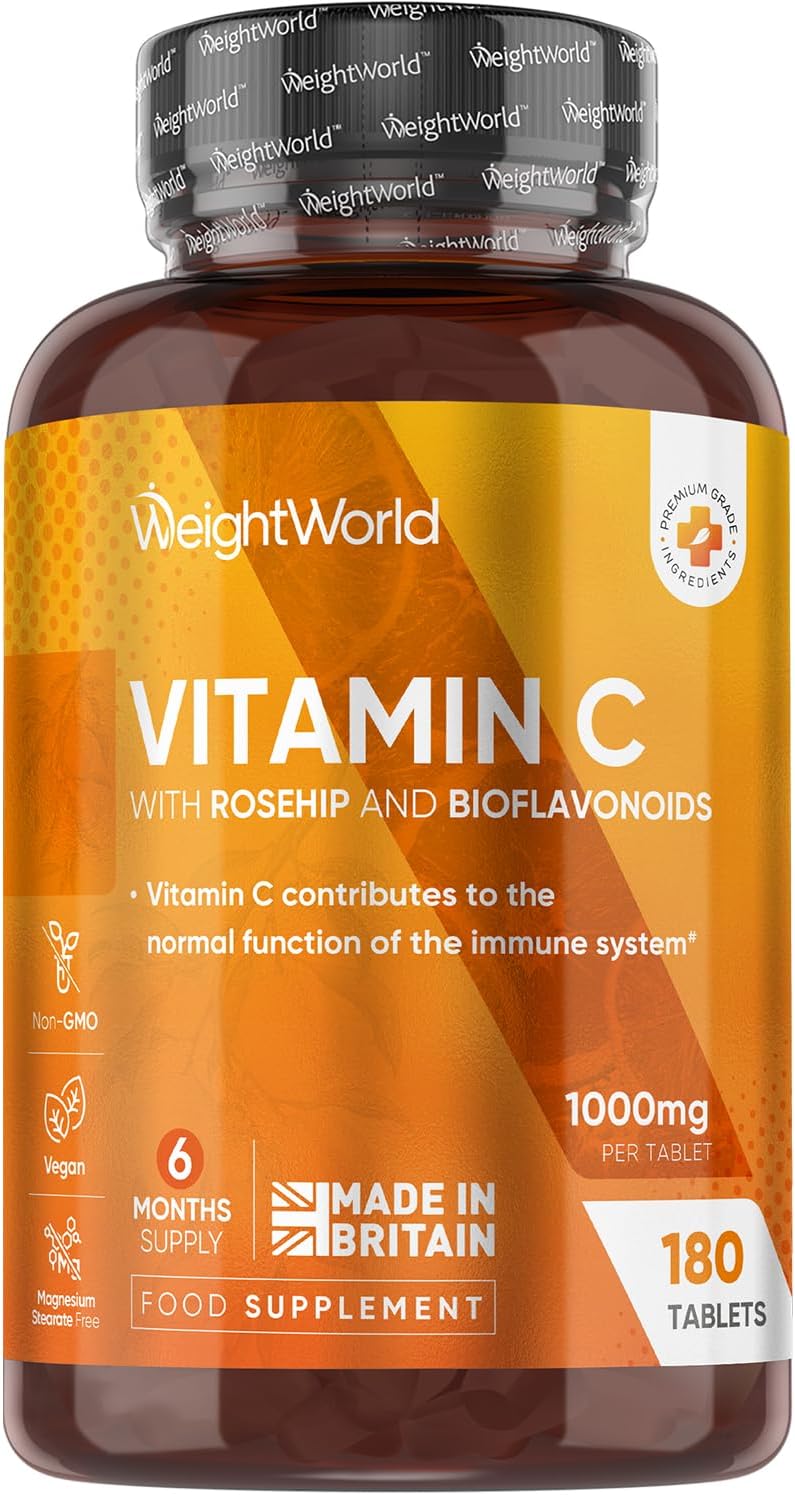 Vitamin C Tablets 1000mg – 180 Tablets – 6 Months Supply – Added Rosehips & Bioflavonoids – Vegan, Gluten-Free & Non-GMO – VIT C Supplement (As Ascorbic Acid) – 1 per Day – Made in The UK