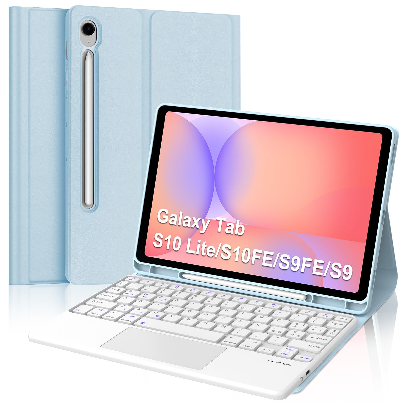 Per Samsung Galaxy Tab S10 Lite/S10 FE/S9 FE 10.9 Pollici Cover Tastiera | Custodia Tastiera Bluetooth Rimovibile con Touchpad per Ufficio/Studio/Scrittura, Keyboard Wireless Portatile, Azzurro