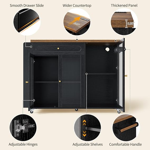 Kitchen Island with Power Outlet - Kitchen Cart on Wheels with Storage Cabinets & Drawers, Rolling Island Table with Spice & Towel Rack, Portable Islands with Large Wood Counter, Dinning Room