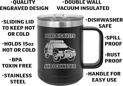 Miniatura 2 de Rogue River Tactical Divertida taza de café negra de acero inoxidable resistente con tapa con texto en inglés "I Like Big Busts And I Can Not Lie