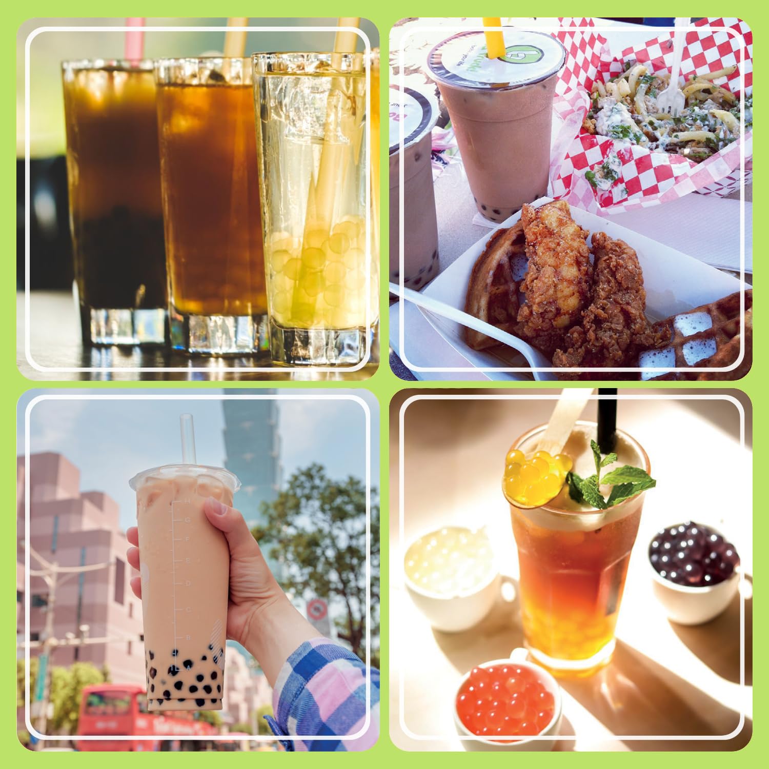 Bubble Tea DIY Set mit Green Apple Popping Boba - Für 4 Getränke - 14-teiliges Boba Tee Starter Kit - 3 Teesorten (Milchtee, Grüner Tee, Zitronen-Eistee), Fruchtperlen, Strohhalme, mit Anleitung