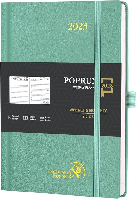 POPRUN Diary 2023 Week to View 22 x 16.5 cm Hardback - Vertical Weekly Planner A5 with Appointment, Dotted Note Pages, Inner Pocket, FSC® Certified 80 GSM Ivory Paper - Midnight Green