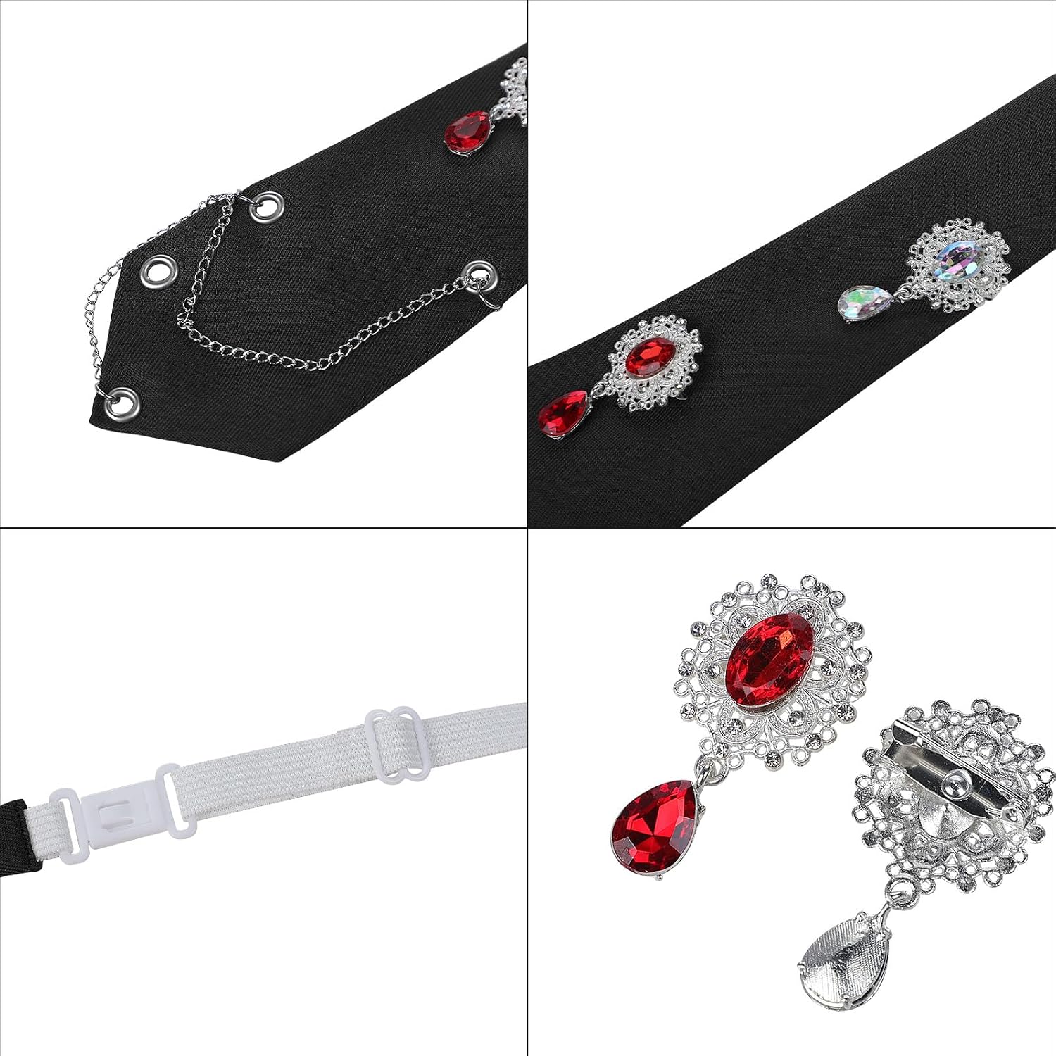 Women's Pre-Tied Necktie with Metal Chain, Adjustable Neck Tie Accessory for Cosplay Prom Office Business Daily