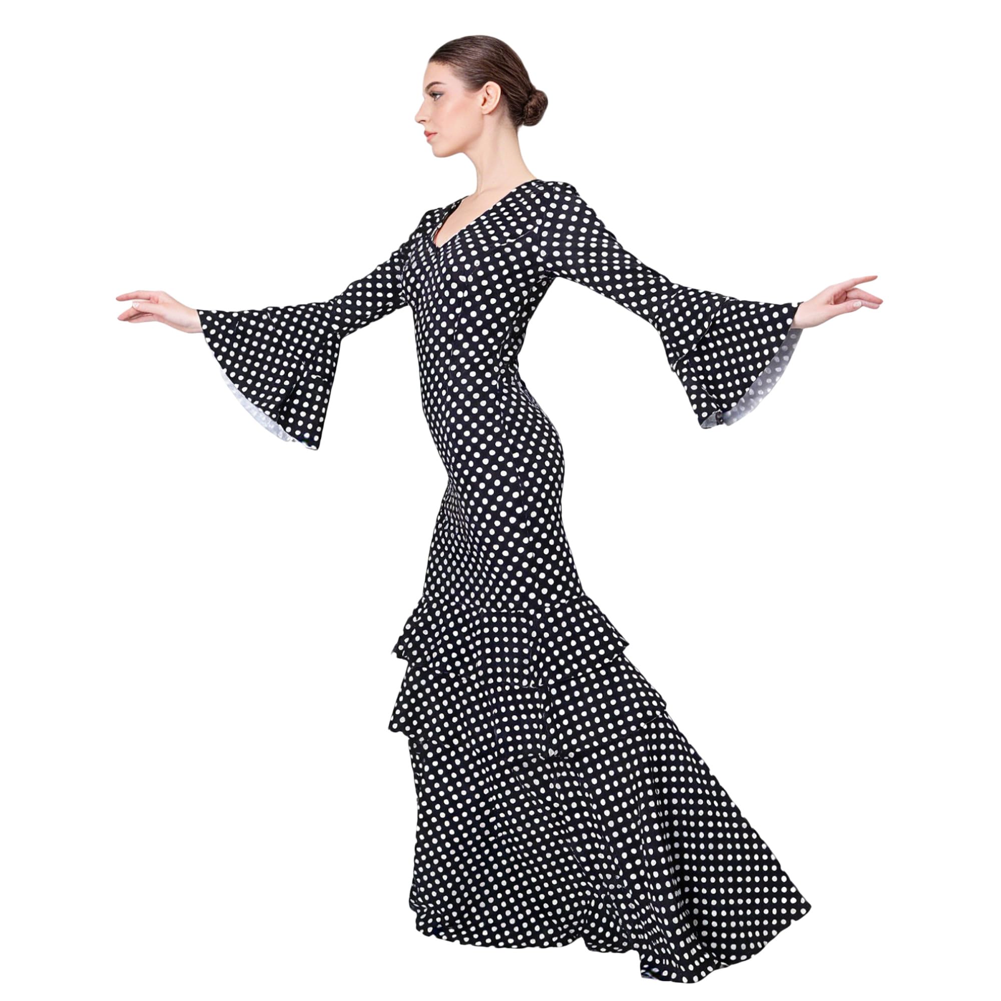 Vestido Flamenco Mujer Largo - Sevillana Adulto con Lunares y Mangas Acampanadas - Traje Andaluz Elegante para Feria y Baile