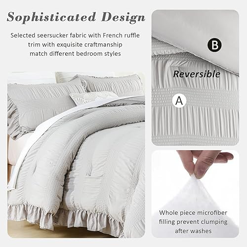 Miniatura 4 de ALEISSEL Juego de edredón gris individual, edredón vintage de seersucker ultra suave, juego de ropa de cama gris claro tamaño individualindividual