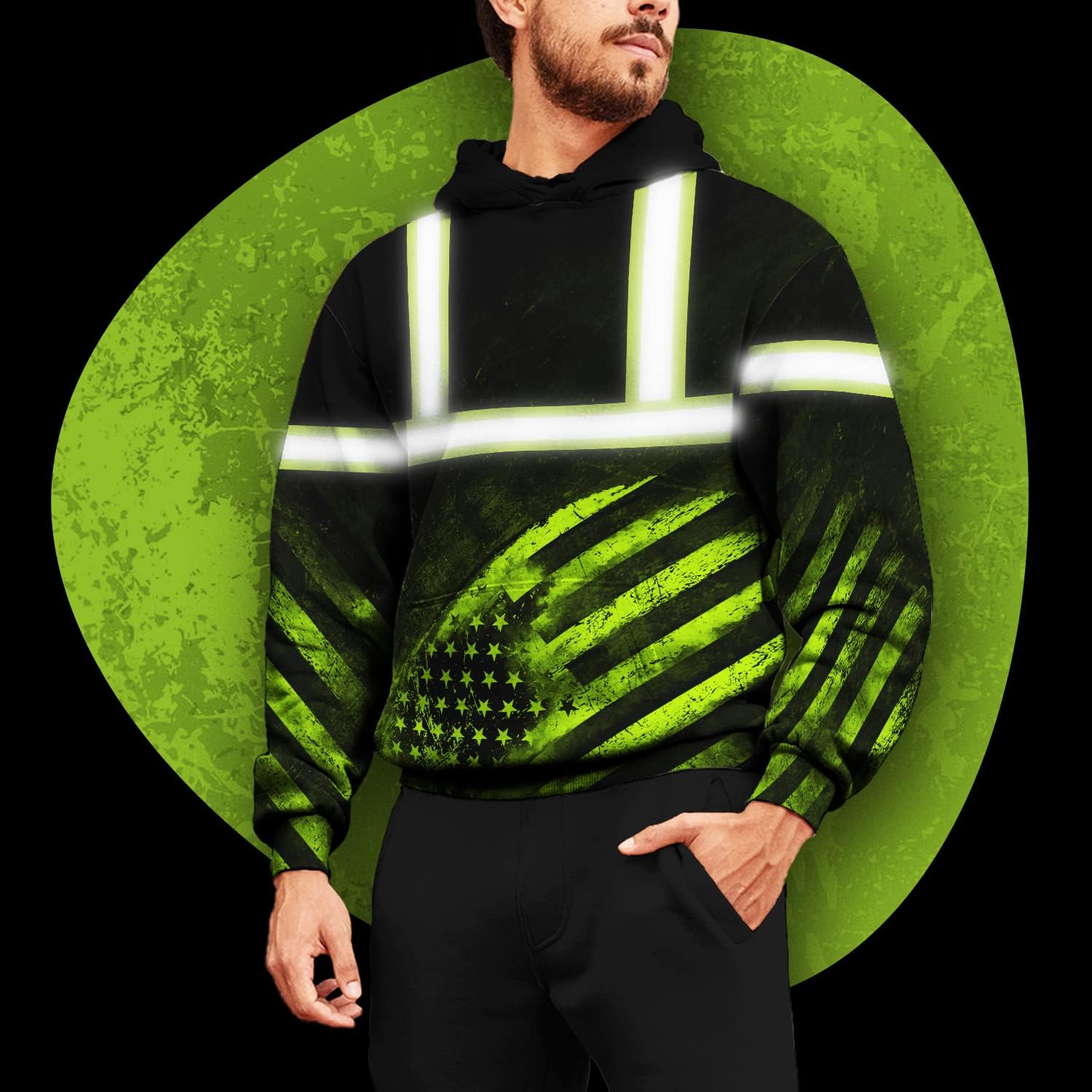 US Flag High Visibility Hoodie for Men Reflective Hoodie Safety Workwear for Worker Runner Patriotic ACC02 - Image 2